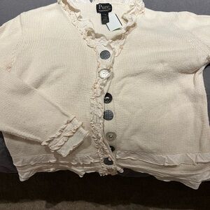 Pure Handknit Boho Cream Cardigan with Art Buttons and Ruffle Trim cotton large